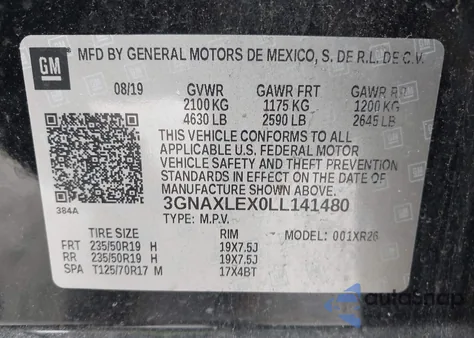 2020 Chevrolet Equinox Fwd Lt 2.0L Turbo z USA, uszkodzony, nr VIN 3GNAXLEX0LL141480